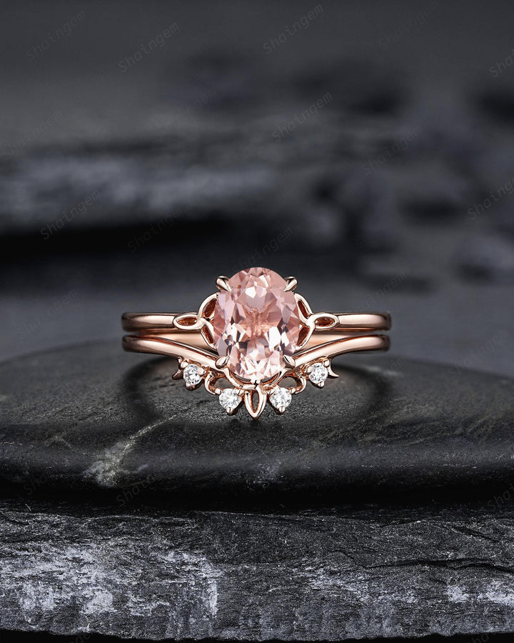 Celtic Knot Oval Shape Natural Peach Pink Morganite Engagement Ring Set, Vintage Rose Gold Wedding Promise Ring Anniversary Gift for Woman - ShainJewelry