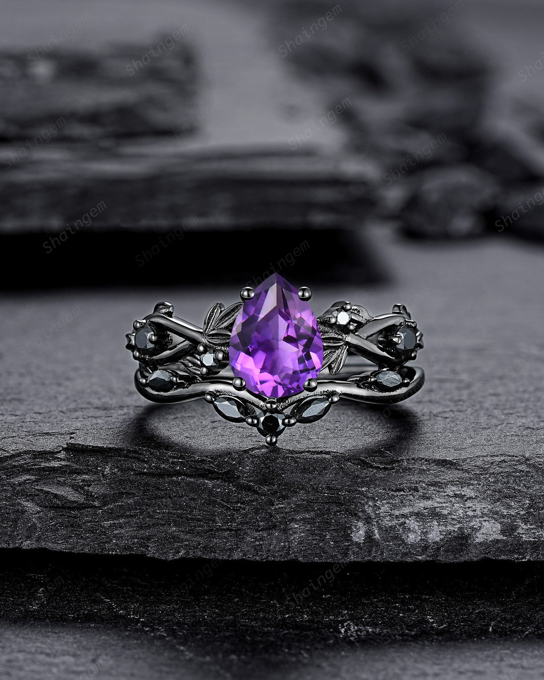 Gothic Pear Cut Amethyst Black Leaf Engagement Ring Set, Black Gold Vine Promise Ring, Rhodium Black Twig Branch Wedding Ring Bridal Set - ShainJewelry