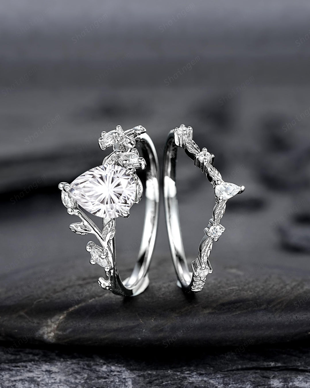 Vintage Pear Shape Fireworks Cut Moissanite Leaf Engagement Ring Unique White Gold Twig Branch Vine Wedding Set Nature Inspired Promise Ring - ShainJewelry