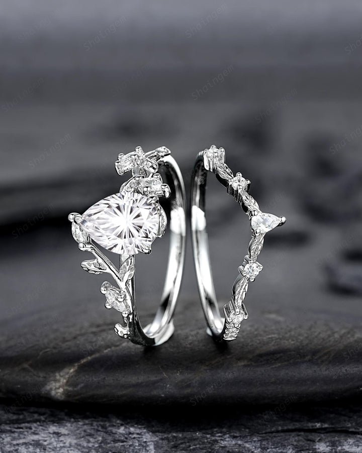 Vintage Pear Shape Fireworks Cut Moissanite Leaf Engagement Ring Unique White Gold Twig Branch Vine Wedding Set Nature Inspired Promise Ring - ShainJewelry