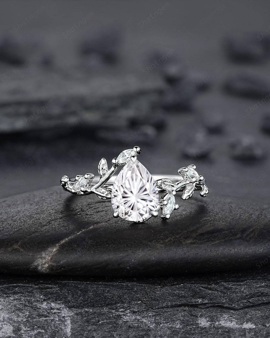 Vintage Pear Shape Fireworks Cut Moissanite Leaf Engagement Ring Unique White Gold Twig Branch Vine Wedding Set Nature Inspired Promise Ring - ShainJewelry
