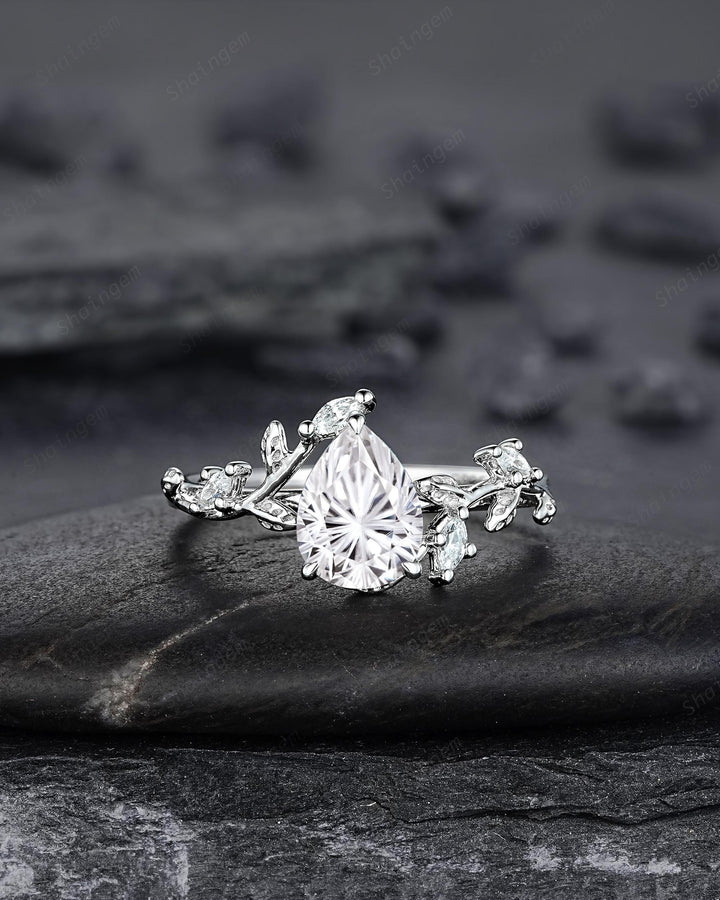 Vintage Pear Shape Fireworks Cut Moissanite Leaf Engagement Ring Unique White Gold Twig Branch Vine Wedding Set Nature Inspired Promise Ring - ShainJewelry