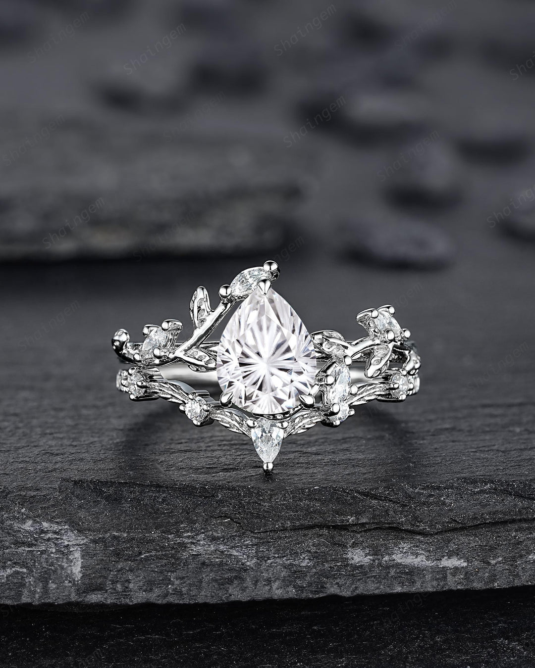 Vintage Pear Shape Fireworks Cut Moissanite Leaf Engagement Ring Unique White Gold Twig Branch Vine Wedding Set Nature Inspired Promise Ring - ShainJewelry