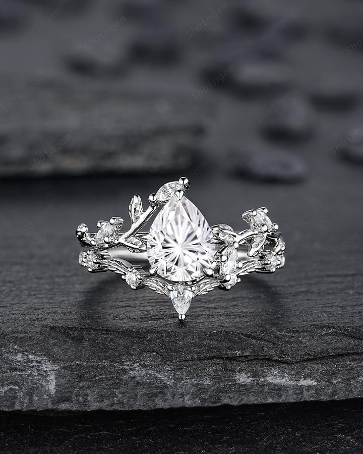 Vintage Pear Shape Fireworks Cut Moissanite Leaf Engagement Ring Unique White Gold Twig Branch Vine Wedding Set Nature Inspired Promise Ring - ShainJewelry