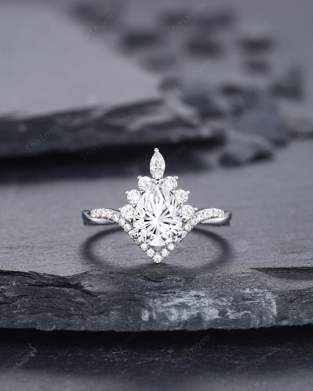 Platinum Pear Shape Fireworks Cut Moissanite and Diamond Engagement Ring White Gold Halo Wedding Ring Bridal Set V Shape Curved Promise Ring - ShainJewelry