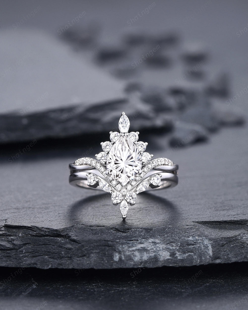 Platinum Pear Shape Fireworks Cut Moissanite and Diamond Engagement Ring White Gold Halo Wedding Ring Bridal Set V Shape Curved Promise Ring - ShainJewelry