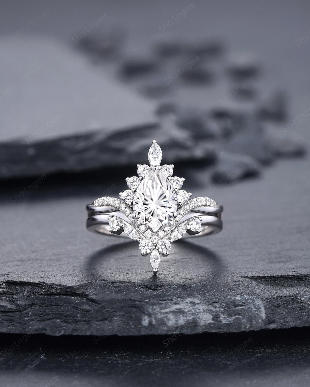 Platinum Pear Shape Fireworks Cut Moissanite and Diamond Engagement Ring White Gold Halo Wedding Ring Bridal Set V Shape Curved Promise Ring - ShainJewelry