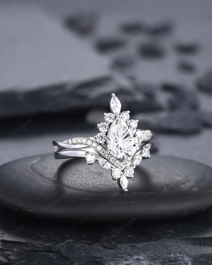Platinum Pear Shape Fireworks Cut Moissanite and Diamond Engagement Ring White Gold Halo Wedding Ring Bridal Set V Shape Curved Promise Ring - ShainJewelry
