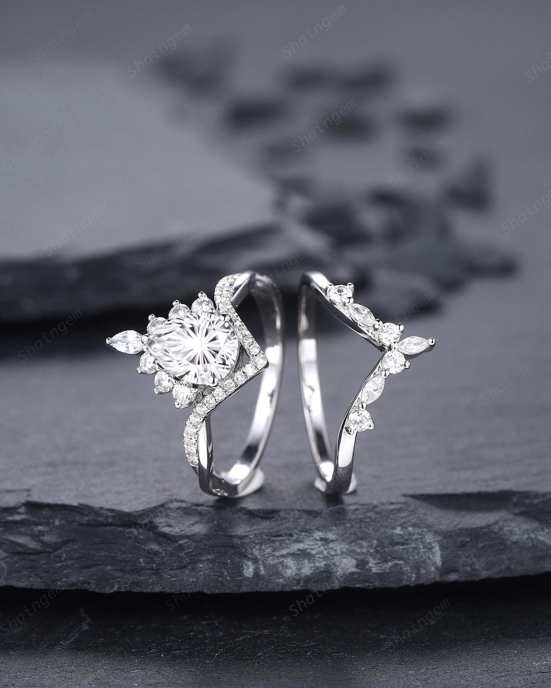 Platinum Pear Shape Fireworks Cut Moissanite and Diamond Engagement Ring White Gold Halo Wedding Ring Bridal Set V Shape Curved Promise Ring - ShainJewelry