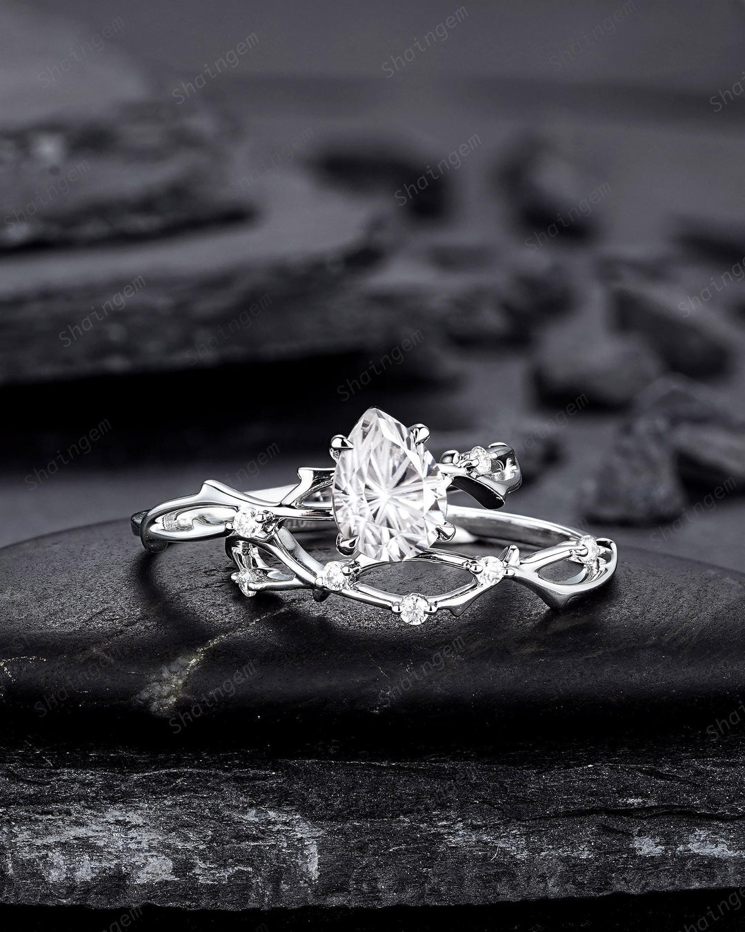 Platinum Pear Shape Fireworks Cut Moissanite Engagement Ring Unique White Gold Twig Branch Vine Wedding Set Nature Inspired Promise Ring - ShainJewelry