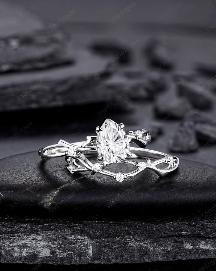 Platinum Pear Shape Fireworks Cut Moissanite Engagement Ring Unique White Gold Twig Branch Vine Wedding Set Nature Inspired Promise Ring - ShainJewelry