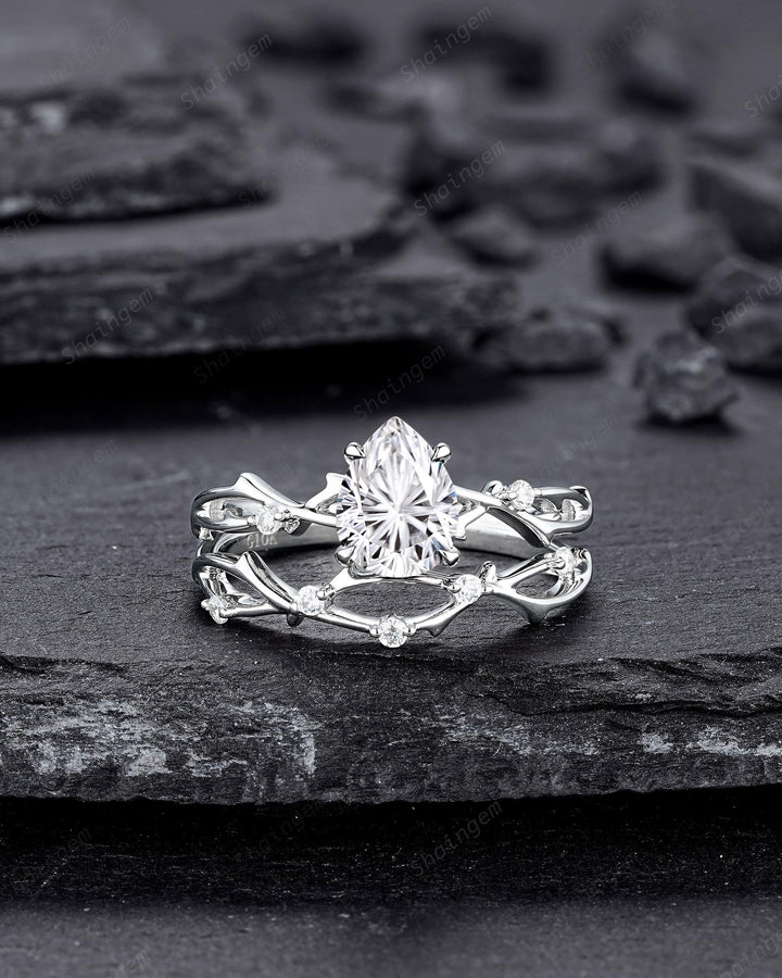 Platinum Pear Shape Fireworks Cut Moissanite Engagement Ring Unique White Gold Twig Branch Vine Wedding Set Nature Inspired Promise Ring - ShainJewelry