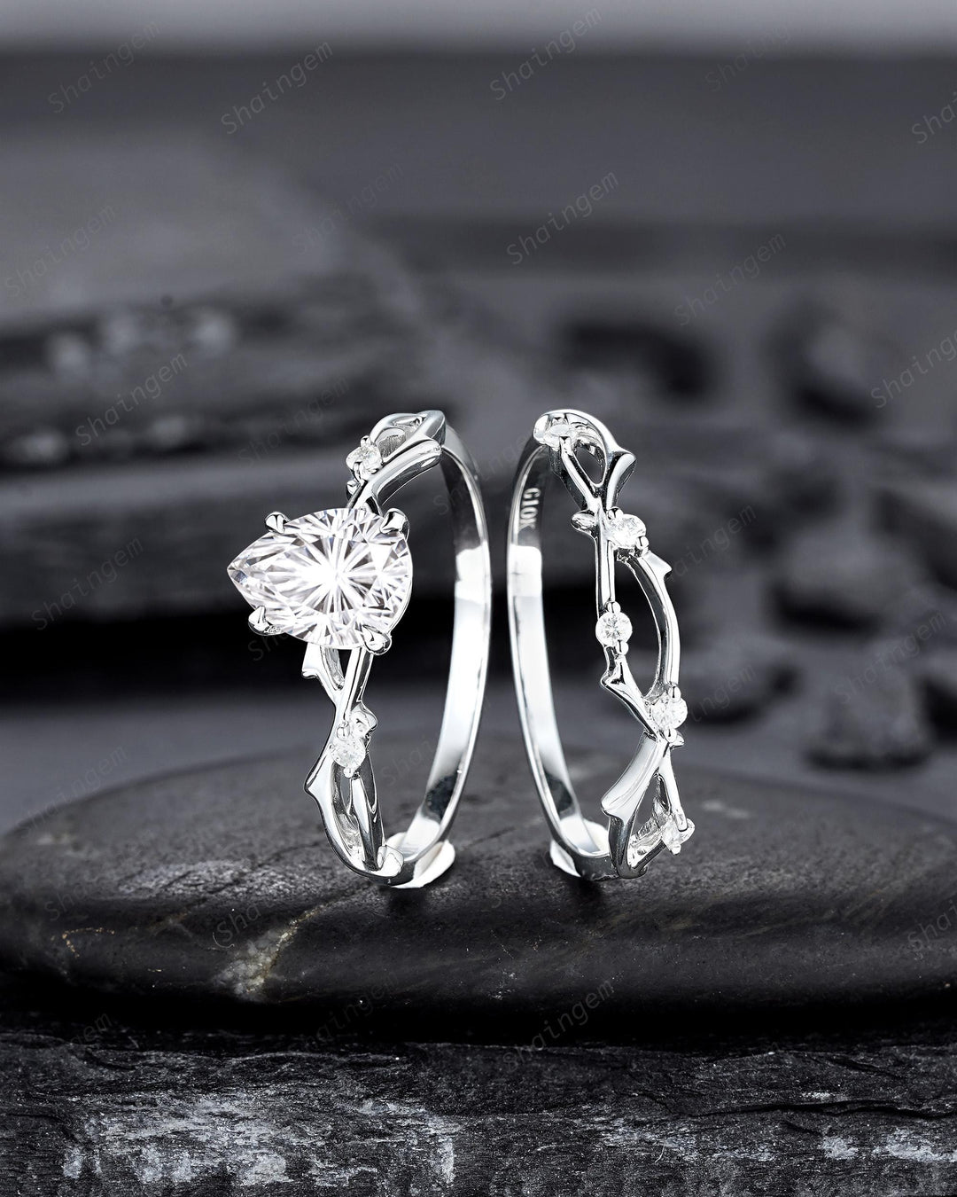Platinum Pear Shape Fireworks Cut Moissanite Engagement Ring Unique White Gold Twig Branch Vine Wedding Set Nature Inspired Promise Ring - ShainJewelry