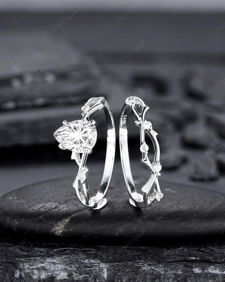 Platinum Pear Shape Fireworks Cut Moissanite Engagement Ring Unique White Gold Twig Branch Vine Wedding Set Nature Inspired Promise Ring - ShainJewelry