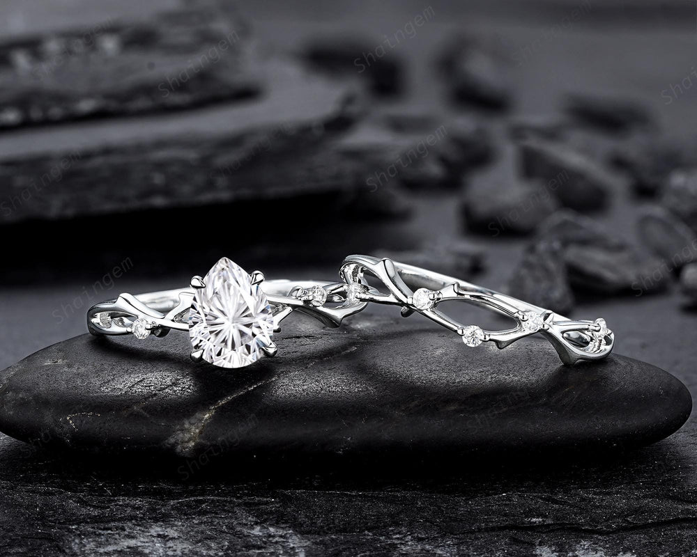 Platinum Pear Shape Fireworks Cut Moissanite Engagement Ring Unique White Gold Twig Branch Vine Wedding Set Nature Inspired Promise Ring - ShainJewelry