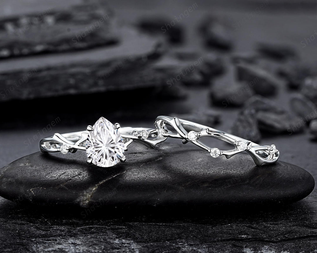 Platinum Pear Shape Fireworks Cut Moissanite Engagement Ring Unique White Gold Twig Branch Vine Wedding Set Nature Inspired Promise Ring - ShainJewelry