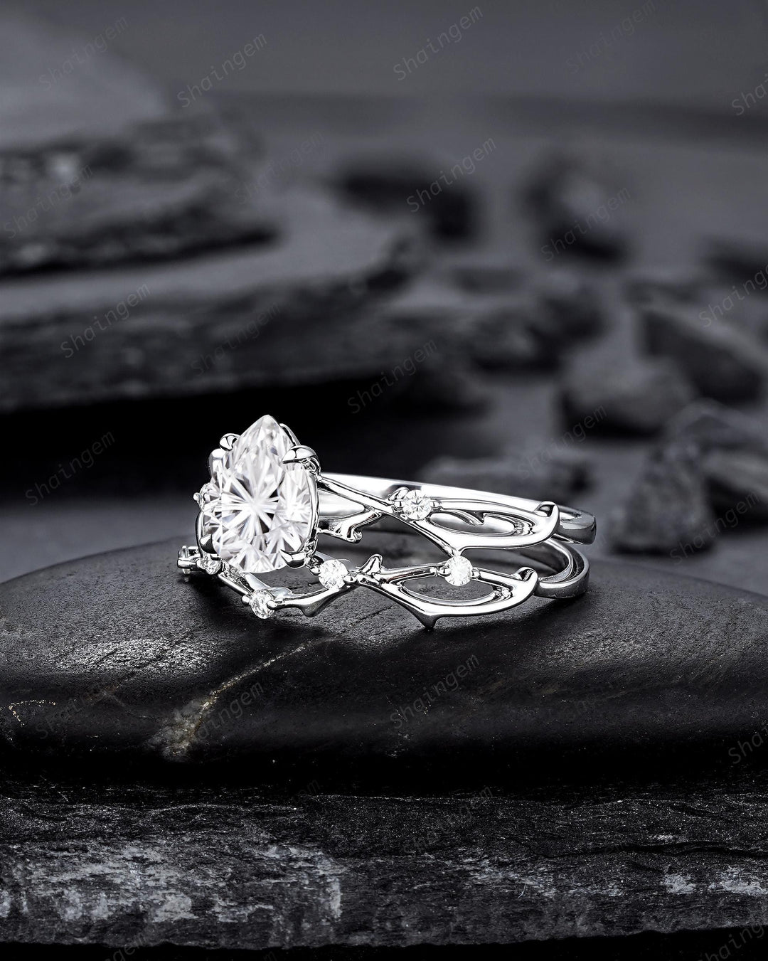 Platinum Pear Shape Fireworks Cut Moissanite Engagement Ring Unique White Gold Twig Branch Vine Wedding Set Nature Inspired Promise Ring - ShainJewelry