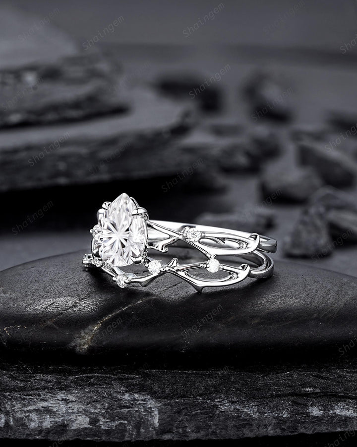 Platinum Pear Shape Fireworks Cut Moissanite Engagement Ring Unique White Gold Twig Branch Vine Wedding Set Nature Inspired Promise Ring - ShainJewelry