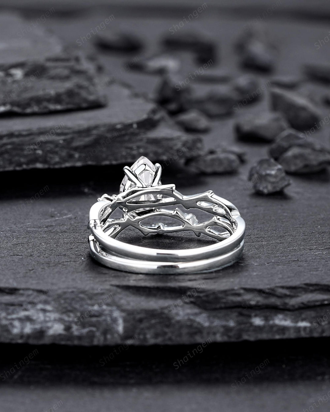Platinum Pear Shape Fireworks Cut Moissanite Engagement Ring Unique White Gold Twig Branch Vine Wedding Set Nature Inspired Promise Ring - ShainJewelry