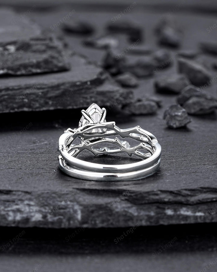 Platinum Pear Shape Fireworks Cut Moissanite Engagement Ring Unique White Gold Twig Branch Vine Wedding Set Nature Inspired Promise Ring - ShainJewelry