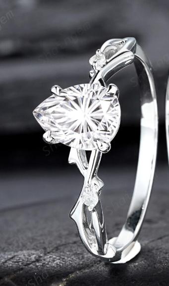 Platinum Pear Shape Fireworks Cut Moissanite Engagement Ring Unique White Gold Twig Branch Vine Wedding Set Nature Inspired Promise Ring - ShainJewelry