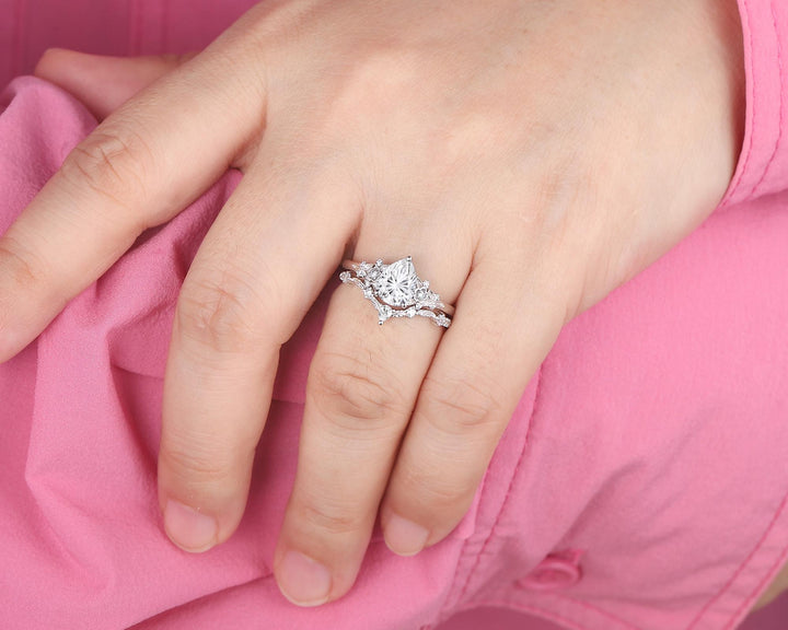 Platinum Pear Cut Fireworks Cut Moissanite Floral Engagement Ring, Unique White Gold Twig Branch Vine Nature Inspired Promise Wedding Ring - ShainJewelry