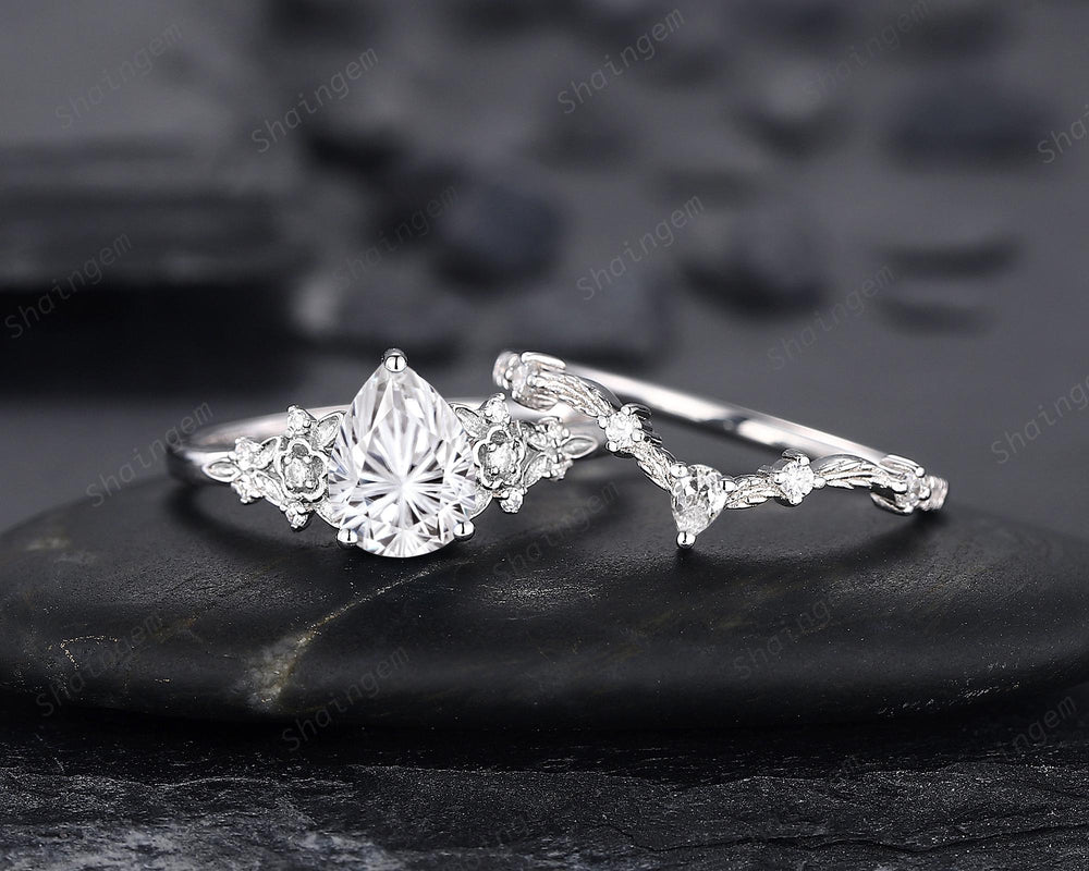 Platinum Pear Cut Fireworks Cut Moissanite Floral Engagement Ring, Unique White Gold Twig Branch Vine Nature Inspired Promise Wedding Ring - ShainJewelry