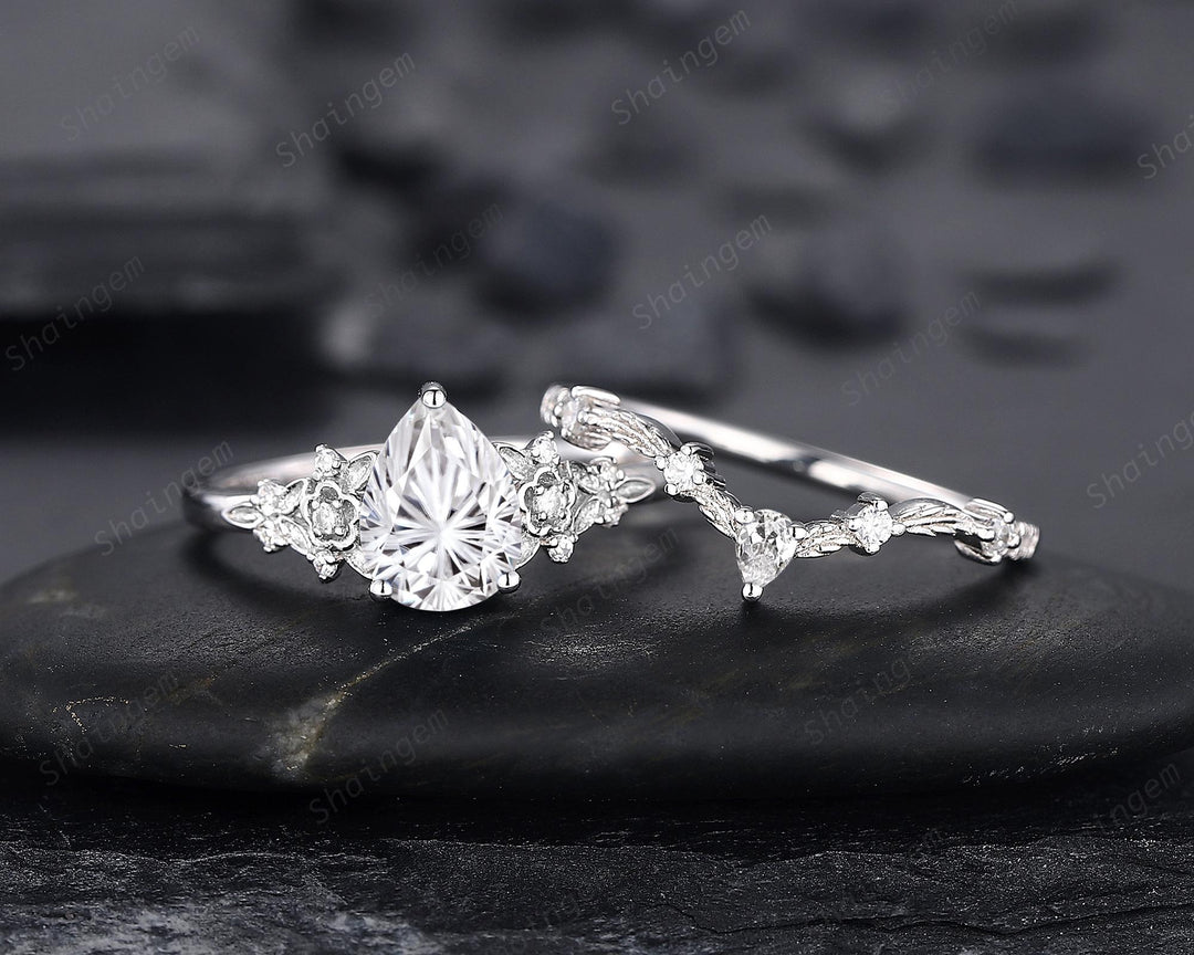 Platinum Pear Cut Fireworks Cut Moissanite Floral Engagement Ring, Unique White Gold Twig Branch Vine Nature Inspired Promise Wedding Ring - ShainJewelry