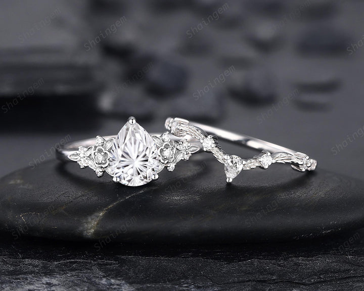 Platinum Pear Cut Fireworks Cut Moissanite Floral Engagement Ring, Unique White Gold Twig Branch Vine Nature Inspired Promise Wedding Ring - ShainJewelry