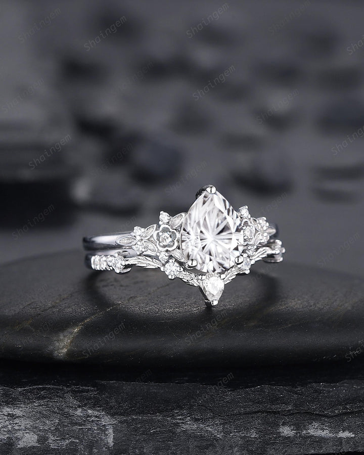 Platinum Pear Cut Fireworks Cut Moissanite Floral Engagement Ring, Unique White Gold Twig Branch Vine Nature Inspired Promise Wedding Ring - ShainJewelry