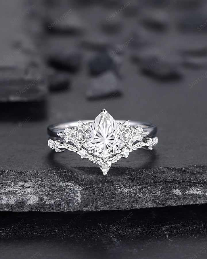 Platinum Pear Cut Fireworks Cut Moissanite Floral Engagement Ring, Unique White Gold Twig Branch Vine Nature Inspired Promise Wedding Ring - ShainJewelry