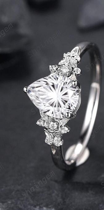 Platinum Pear Cut Fireworks Cut Moissanite Floral Engagement Ring, Unique White Gold Twig Branch Vine Nature Inspired Promise Wedding Ring - ShainJewelry