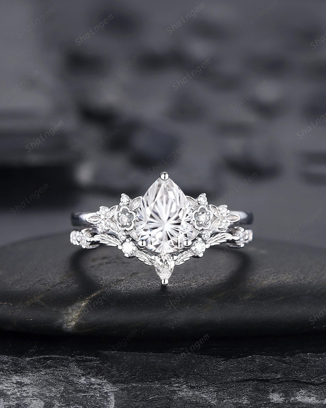 Platinum Pear Cut Fireworks Cut Moissanite Floral Engagement Ring, Unique White Gold Twig Branch Vine Nature Inspired Promise Wedding Ring - ShainJewelry