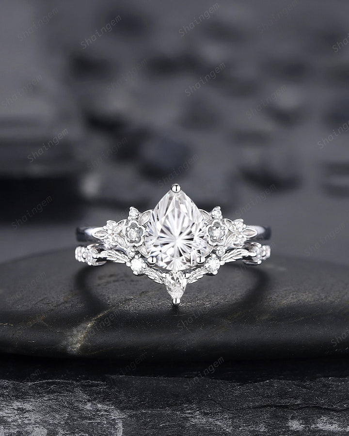Platinum Pear Cut Fireworks Cut Moissanite Floral Engagement Ring, Unique White Gold Twig Branch Vine Nature Inspired Promise Wedding Ring - ShainJewelry