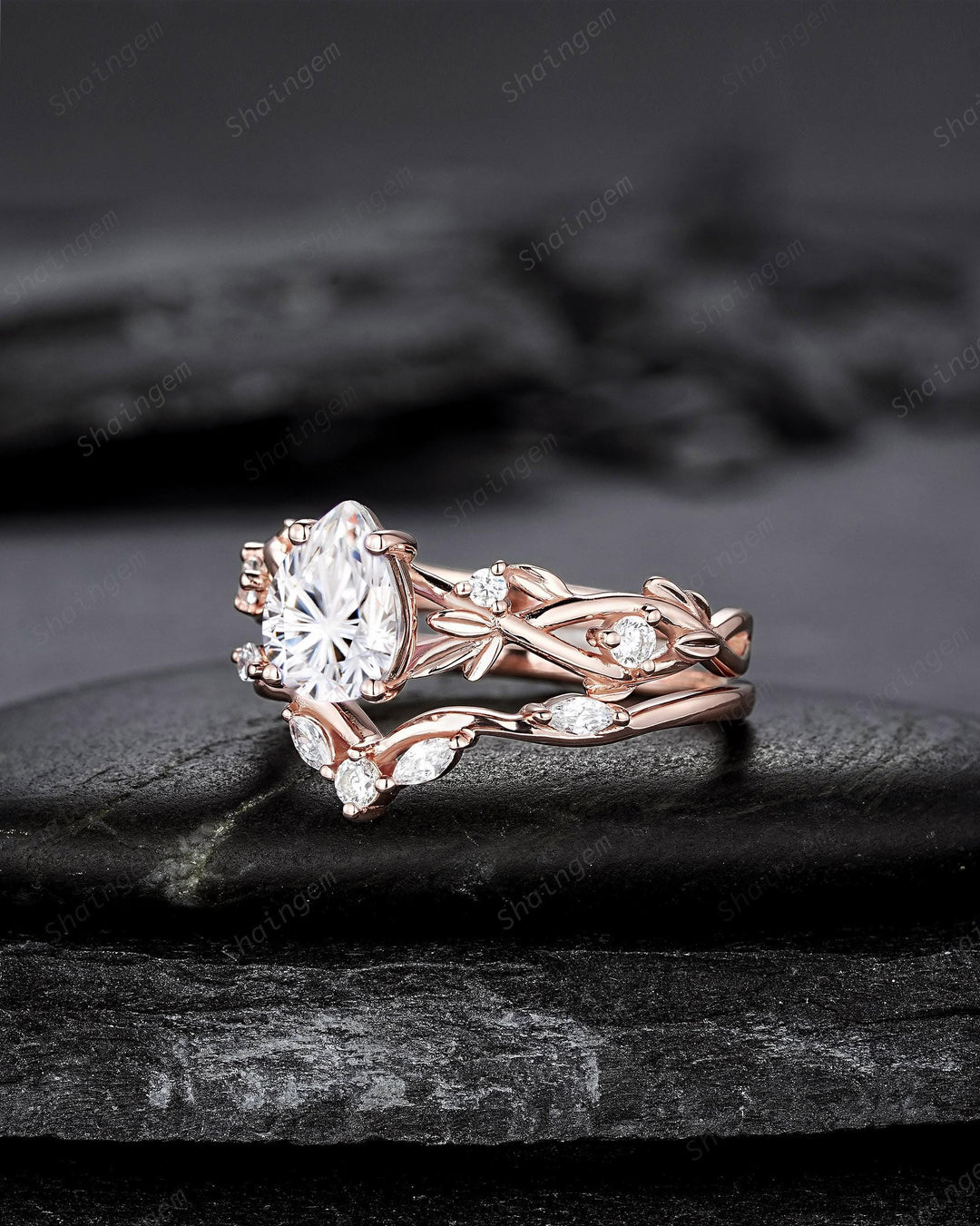 Nature Inspired Pear Shape Fireworks Cut Moissanite Leaf Engagement Ring, Unique Rose Gold Twig Branch Vine Promise Wedding Ring for Women - ShainJewelry