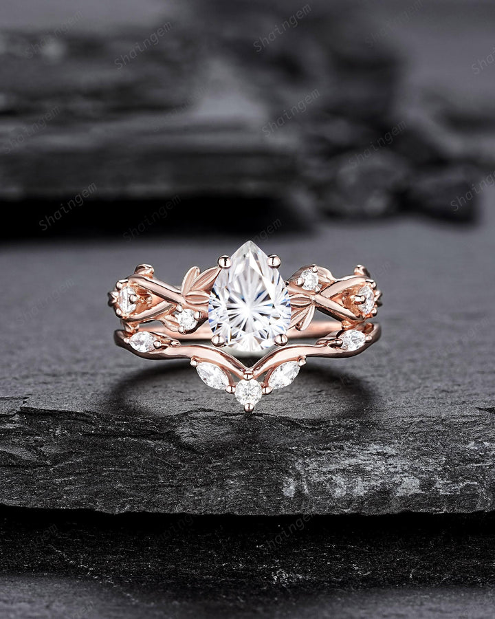 Nature Inspired Pear Shape Fireworks Cut Moissanite Leaf Engagement Ring, Unique Rose Gold Twig Branch Vine Promise Wedding Ring for Women - ShainJewelry