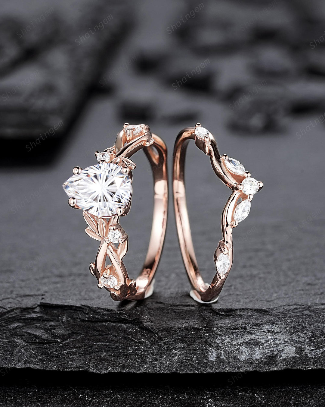 Nature Inspired Pear Shape Fireworks Cut Moissanite Leaf Engagement Ring, Unique Rose Gold Twig Branch Vine Promise Wedding Ring for Women - ShainJewelry