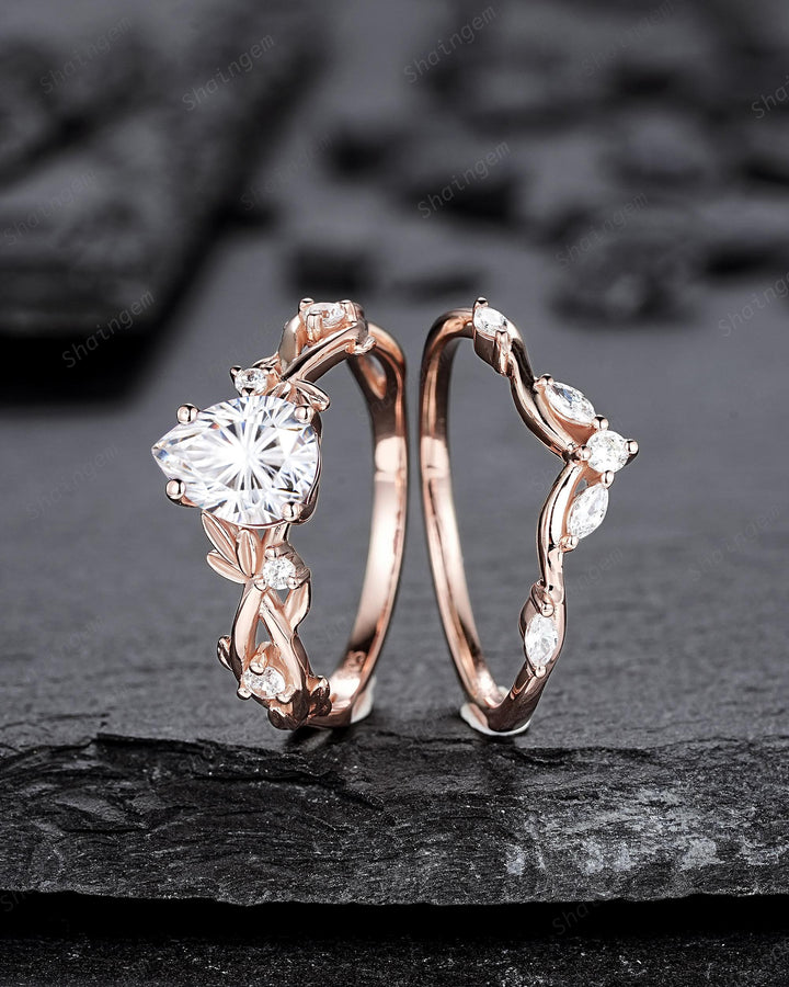 Nature Inspired Pear Shape Fireworks Cut Moissanite Leaf Engagement Ring, Unique Rose Gold Twig Branch Vine Promise Wedding Ring for Women - ShainJewelry
