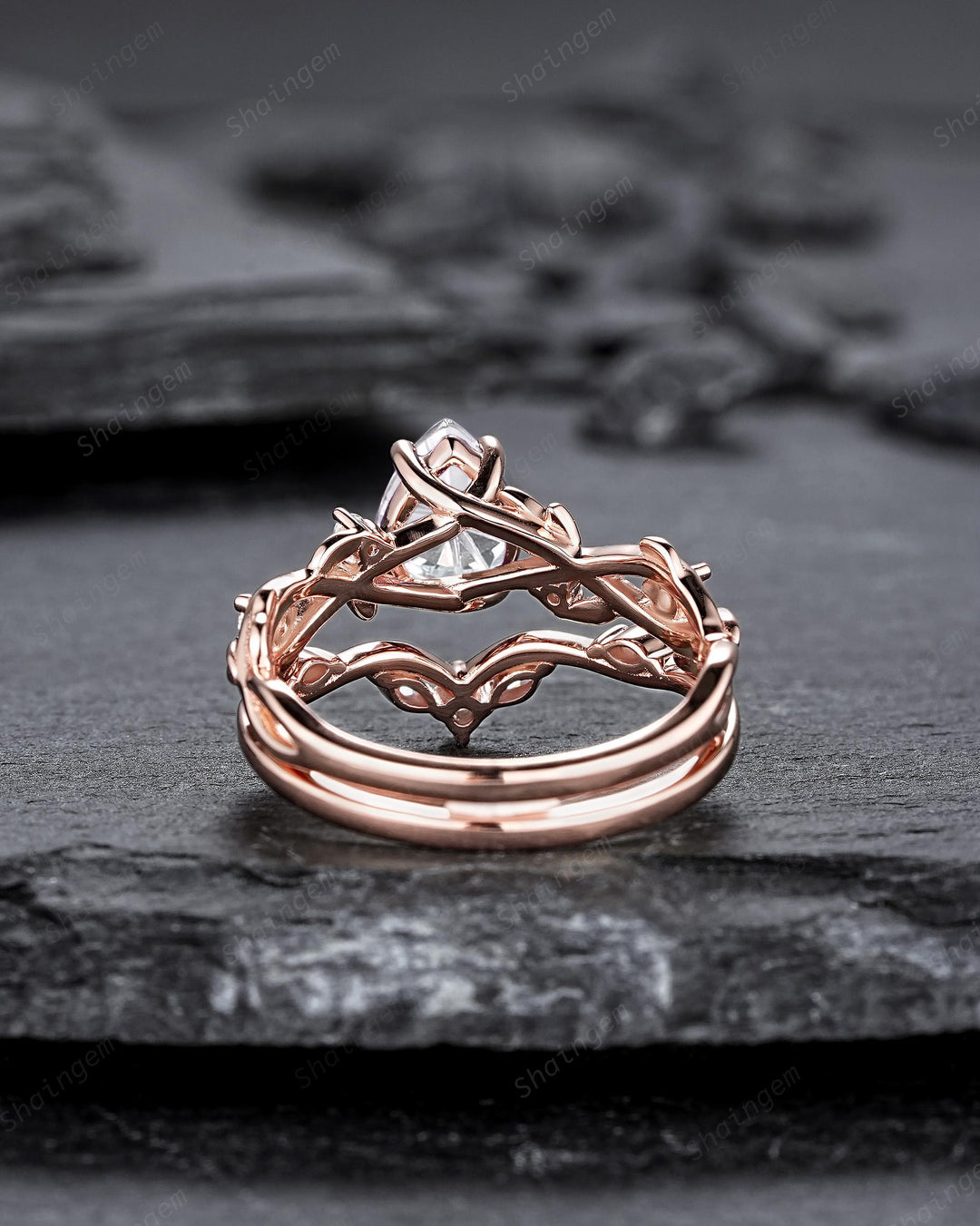 Nature Inspired Pear Shape Fireworks Cut Moissanite Leaf Engagement Ring, Unique Rose Gold Twig Branch Vine Promise Wedding Ring for Women - ShainJewelry