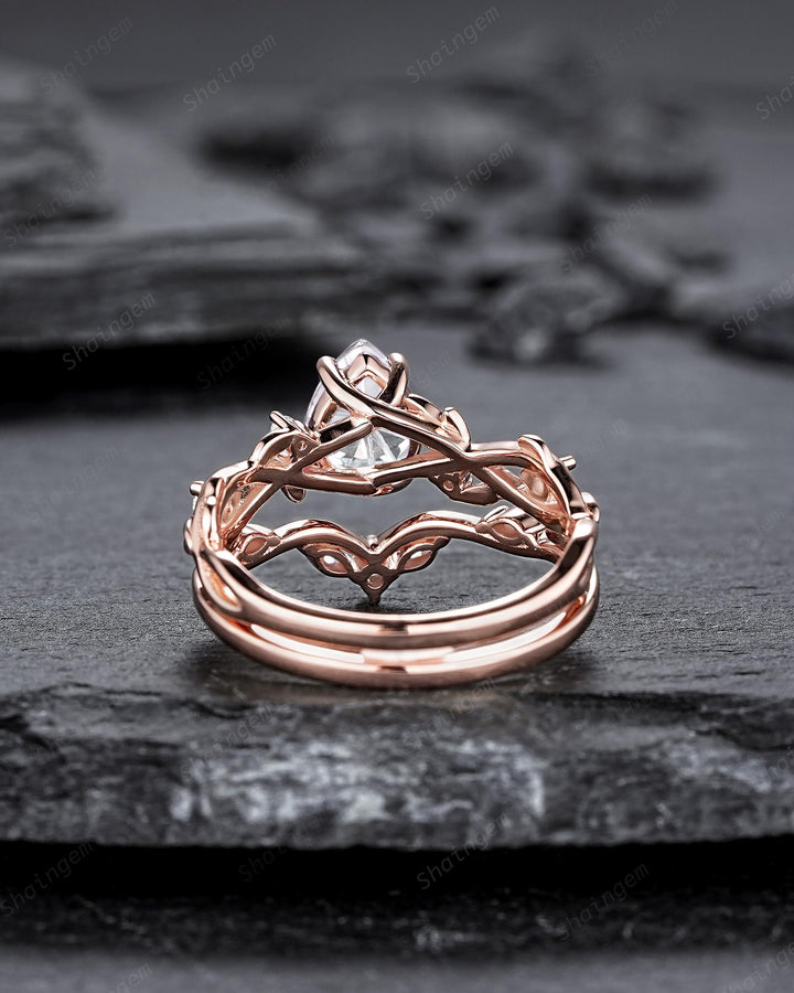 Nature Inspired Pear Shape Fireworks Cut Moissanite Leaf Engagement Ring, Unique Rose Gold Twig Branch Vine Promise Wedding Ring for Women - ShainJewelry