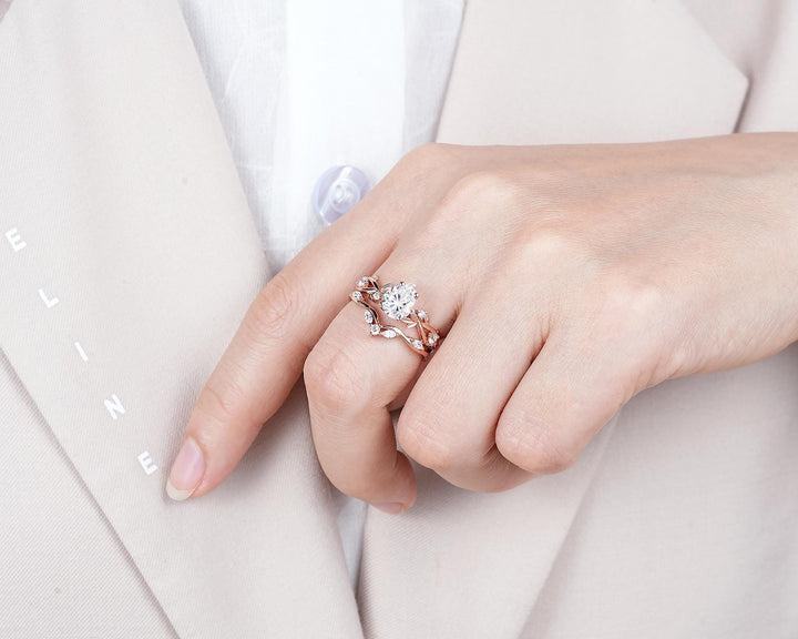 Nature Inspired Pear Shape Fireworks Cut Moissanite Leaf Engagement Ring, Unique Rose Gold Twig Branch Vine Promise Wedding Ring for Women - ShainJewelry