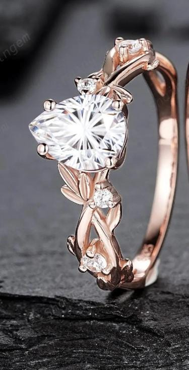 Nature Inspired Pear Shape Fireworks Cut Moissanite Leaf Engagement Ring, Unique Rose Gold Twig Branch Vine Promise Wedding Ring for Women - ShainJewelry