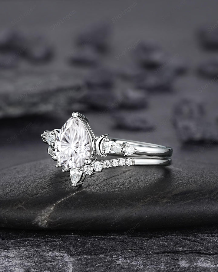 Platinum Pear Shape Fireworks Cut Moissanite Crescent Engagement Ring, Unique White Gold Moon Nature Inspired Promise Wedding Ring for Woman - ShainJewelry