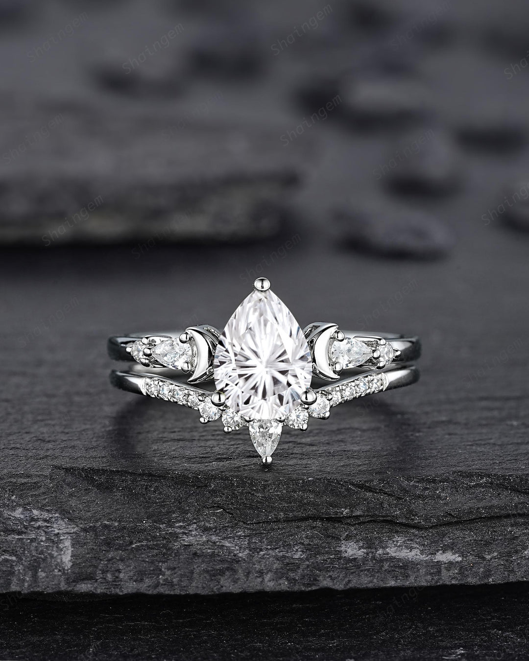 Platinum Pear Shape Fireworks Cut Moissanite Crescent Engagement Ring, Unique White Gold Moon Nature Inspired Promise Wedding Ring for Woman - ShainJewelry