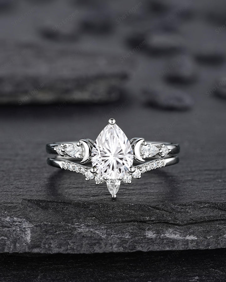Platinum Pear Shape Fireworks Cut Moissanite Crescent Engagement Ring, Unique White Gold Moon Nature Inspired Promise Wedding Ring for Woman - ShainJewelry
