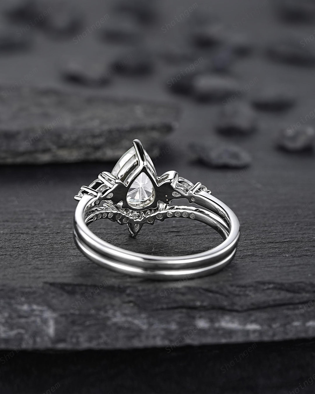 Platinum Pear Shape Fireworks Cut Moissanite Crescent Engagement Ring, Unique White Gold Moon Nature Inspired Promise Wedding Ring for Woman - ShainJewelry
