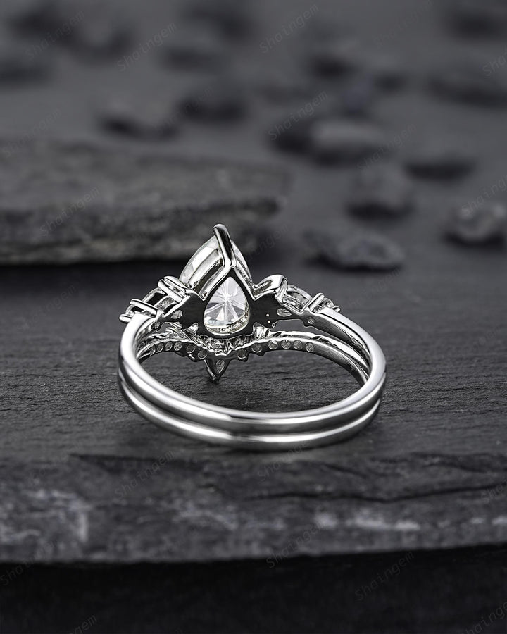 Platinum Pear Shape Fireworks Cut Moissanite Crescent Engagement Ring, Unique White Gold Moon Nature Inspired Promise Wedding Ring for Woman - ShainJewelry