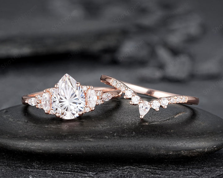 Unique Pear Shape Fireworks Cut Moissanite and Diamond Engagement Ring Rose Gold Wedding Ring Bridal Set V Shape Curved Promise Ring for her - ShainJewelry