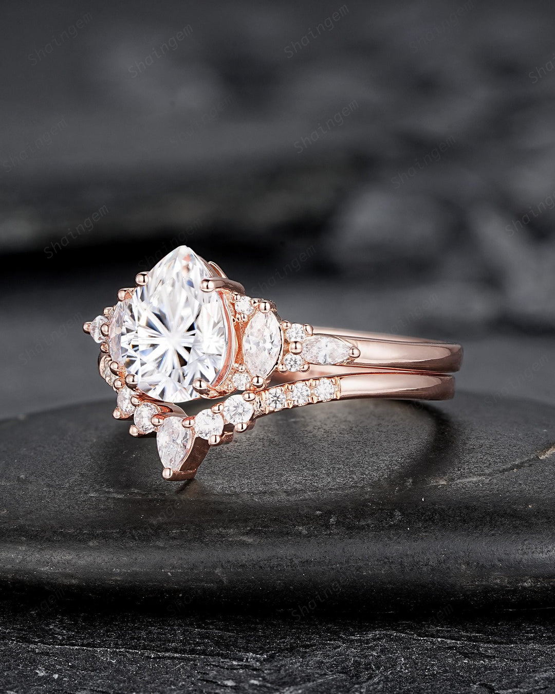 Unique Pear Shape Fireworks Cut Moissanite and Diamond Engagement Ring Rose Gold Wedding Ring Bridal Set V Shape Curved Promise Ring for her - ShainJewelry