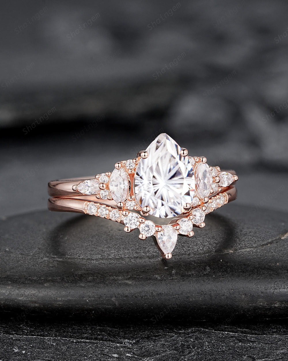 Unique Pear Shape Fireworks Cut Moissanite and Diamond Engagement Ring Rose Gold Wedding Ring Bridal Set V Shape Curved Promise Ring for her - ShainJewelry